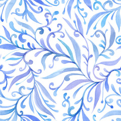 Fototapeta na wymiar Watercolor blue green seamless pattern on a white background, curls, flowing lines, elegant print. Design for wallpaper, fabric, textile, packaging, wedding design. Vintage art, folk painting.