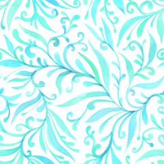 Fototapeta na wymiar Watercolor blue green seamless pattern on a white background, curls, flowing lines, elegant print. Design for wallpaper, fabric, textile, packaging, wedding design. Vintage art, folk painting.