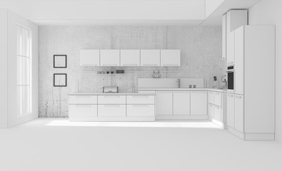 Kitchen interior grid 3D rendering