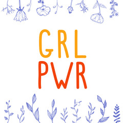 abbreviation for the words “Girl power” is isolated on a white background with blue plants and flowers, hand-drawn in sketch style, forming a frame at the top and bottom of the illustration. Vectorь