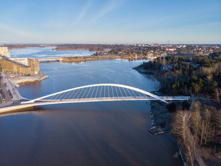 view of the bridge, autumn landscape, aerial drone view