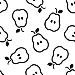 Vector seamless pattern with pear icons on white background; simple fruity design for fabric, wallpaper, wrapping paper, package, tablecloth, textile, web design.