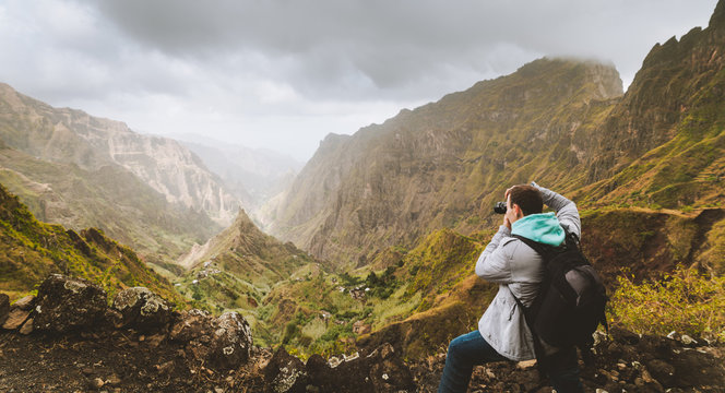 Santo Antao Island, Cape Verde. Travel hiker photographing unique surreal Xo Xo valley and mountain tops