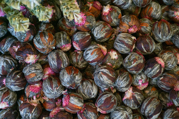 fragrant jasmine tea view from above. Sale of tea on the market
