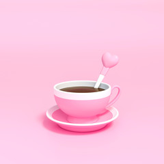 Morning coffee in a sweet pink cup and heart shaped spoon with pastel pink background 3d rendering. 3d illustration morning of Love and Valentines Day greeting card template minimal concept.