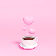 Many sweet Hearts floating on the pink coffee cup with pastel pink background 3d rendering. 3d illustration morning of Love and Valentines Day greeting card template minimal concept.