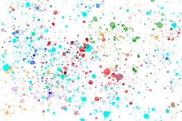 Multi-colored splashes of paints on white paper. Abstract background