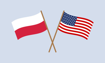 Poland and USA crossed flags on stick. Polish and American national symbols. Vector illustration.
