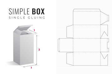 Simple Packaging Box Die Cut Double Height Template with 3D Preview -  Black Editable Blueprint Layout with Cutting and Scoring Lines on Striped Background - Draw Graphic Design