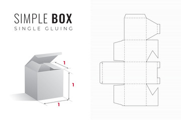 Simple Packaging Box Die Cut Cube Template with 3D Preview - Black Editable Blueprint Layout with Cutting and Scoring Lines on Striped Background - Draw Graphic Design