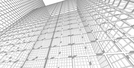 Abstract modern architectural structure glass wall in a square structure, 3D illustration