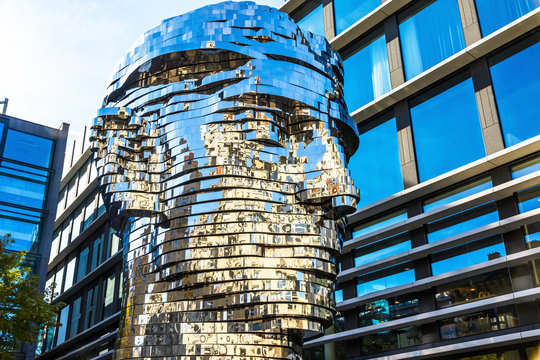 Prague, Czech Republic - October 26, 2019: The Head of Franz Kafka, also known as the Statue of Kafka. Outdoor sculpture by artist David Cerny, situated near the Quadrio shopping centre in Prague