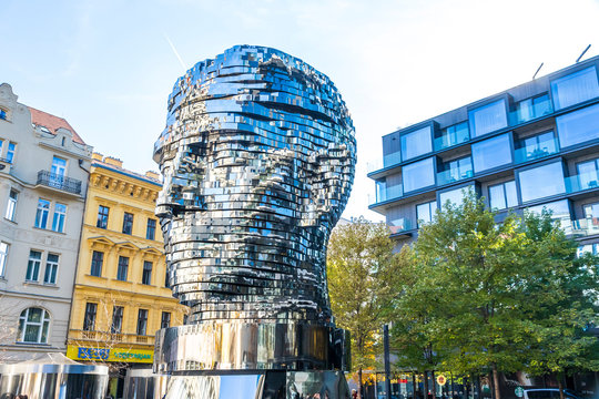 Prague, Czech Republic - October 26, 2019: The Head of Franz Kafka, also known as the Statue of Kafka. Outdoor sculpture by artist David Cerny, situated near the Quadrio shopping centre in Prague