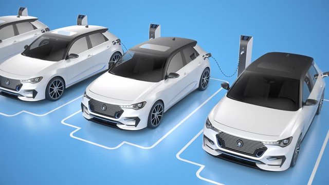 Row of white generic electric self driving cars charging on blue background. Seamless looping front view. Alternative energy and ecology concept. Realistic high quality 3d animation.
