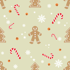 Christmas holiday seamless pattern. Gingerbread men cookies and mint caned candies with snowflakes.