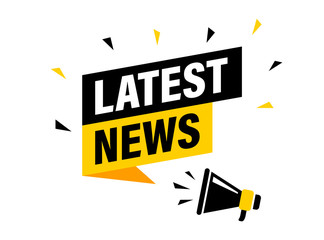 Male hand holding megaphone with latest news speech bubble. Loudspeaker. Banner for business, marketing and advertising. Vector illustration.