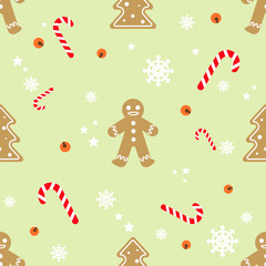 Christmas holiday vector seamless pattern. Gingerbread men cookies and mint caned candies with snowflakes.