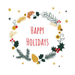 Vector Holiday Christmas wreath. Christmas,  New Year hand drawn post card.