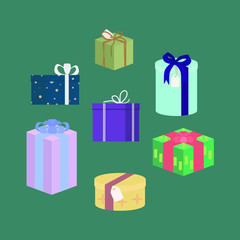 Set of vector gift boxes with ribbons isolated on a green background. Christmas presents, birthday gifts.