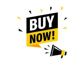 Male hand holding megaphone with buy now speech bubble. Loudspeaker. Banner for business, marketing and advertising. Vector illustration.