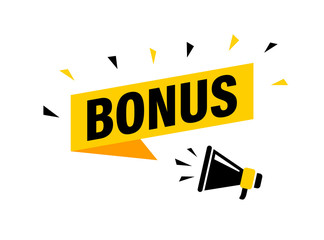 Male hand holding megaphone with bonus speech bubble. Loudspeaker. Banner for business, marketing and advertising. Vector illustration.