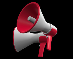 Megaphone or bullhorn for amplifying voice for protests rallies or public speaking. 3d render on black background