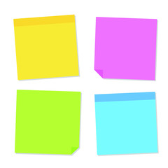 Blank post for message, to do list, memory. Sticky colored notes. Set different colored sheets of note paper. Post note paper with curled corners and shadows. Vector illustration