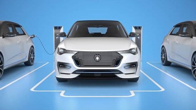 Row of white generic electric self driving cars charging on blue background. Seamless looping top view. Alternative energy and ecology concept. Realistic high quality 3d animation.