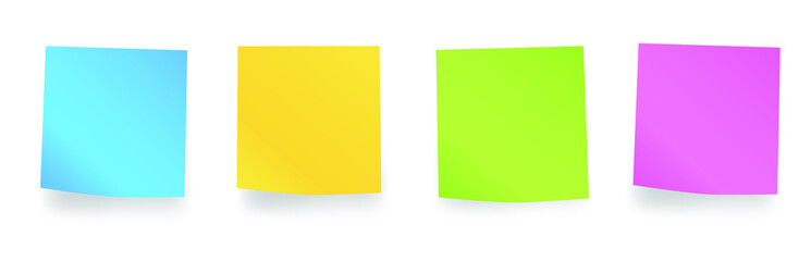 Sticky colored notes. Blank post for message, to do list, memory. Set different colored sheets of note paper. Post note paper with curled corners and shadows. Vector illustration