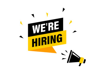 Male hand holding megaphone with we're hiring speech bubble. Loudspeaker. Banner for business, marketing and advertising. Vector illustration.