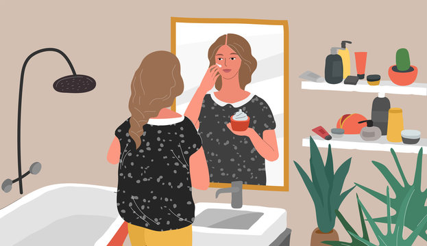 Cute young woman care for her skin, standing in front of mirror, cleansing or moisturizing skin. Daily life skincare routine in bathroom interior with homeplants. Cartoon vector