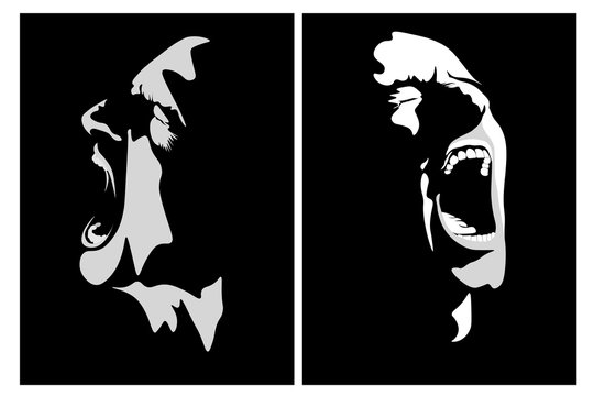 face silhouette drawing of an emotional screaming guy