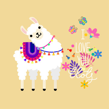 Cute llama alpaca and colorful spring flowers with lettering I love you llots. Llama character illustration for nursery design, poster, greeting, birthday card, baby shower design and party decor