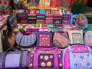 Nepali purses for sale on a store in Thamel, Kathmandu, Nepal