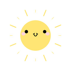 Cute sun icon. In kawaii style with smiling face and pink cheeks. The expression of emotions for design, art work, design cards and web pages. Vector illustration. 