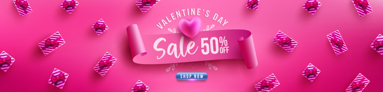 Valentine's Day Sale Poster or banner with sweet gift on pink background.Promotion and shopping template or background for Love and Valentine's day concept.Vector illustration eps 10
