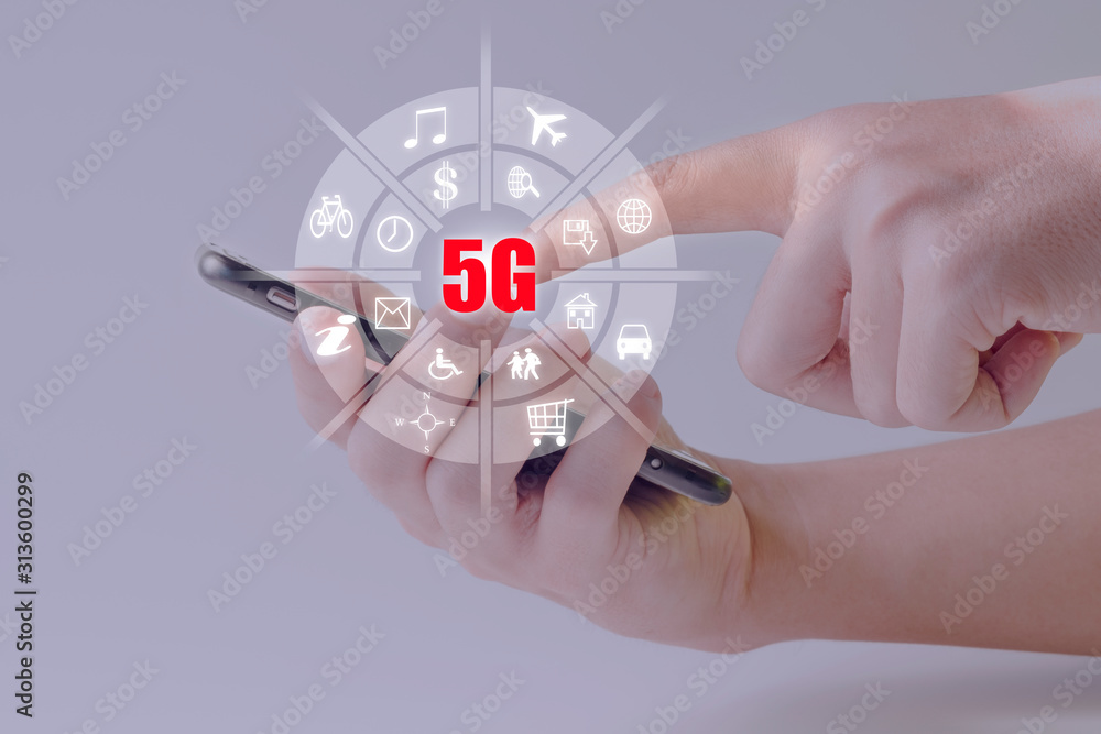 Poster hand touch infographic on mobile phone of fifth generation wireless technology for digital cellular 