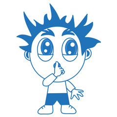 emoji with character shushing shh h to politely tell people to shut up and be quiet to keep silence, boy chibi in blue color using finger on mouth gesture to stop talking, simple hand drawn emoticon