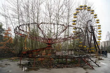 Abandoned amusement park in ghost town Prypiat in Chornobyl exclusion zone. Ukraine, December 2019