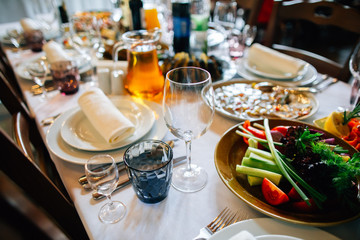 Banquet wedding table setting on evening reception