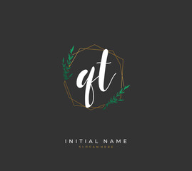 Handwritten initial letter Q T QT for identity and logo. Vector logo template with handwriting and signature style.