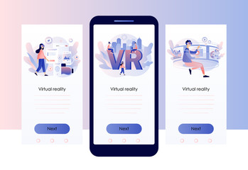 Naklejka na ściany i meble Virtual reality concept. Tiny people using virtual reality glasses. VR cyberspace. Screen template for mobile smart phone. Modern flat cartoon style. Vector illustration on white background