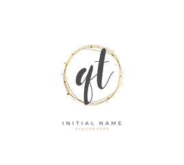 Handwritten initial letter Q T QT for identity and logo. Vector logo template with handwriting and signature style.