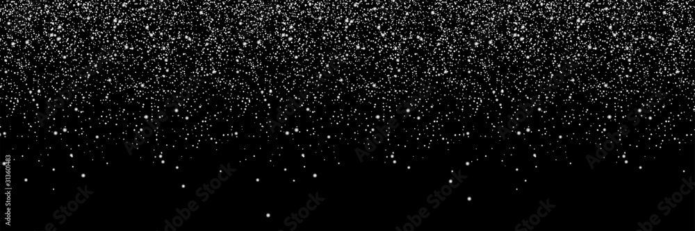 Wall mural realistic falling snow, isolated on black background. snowflakes in different shapes and realistic d