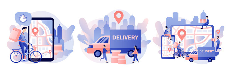 Online delivery service concept. Order tracking. Tiny people are couriers and customers. Modern flat cartoon style. Vector illustration on white background