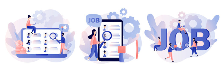 Job hiring and job search concept. Headhunting. Tiny people interviewed for job. We are Hiring. Modern flat cartoon style. Vector illustration on white background
