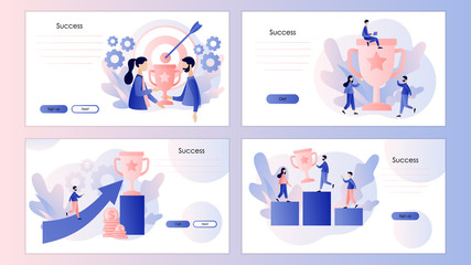 Success concept. Tiny People with Prize, Cup. Screen template for mobile smart phone, landing page, template, ui, web, mobile app, poster, banner, flyer. Modern flat cartoon style. Vector 