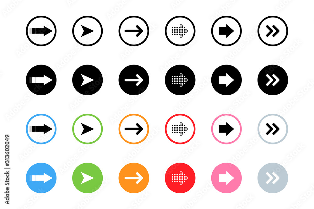 Poster arrows black and white color in colorful circles. big set of arrows in modern simple flat design. ar