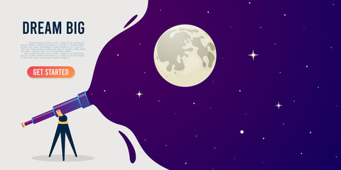 Look through the telescope view of night stars sky with different colors flat vector illustration of outer space background. Banner design