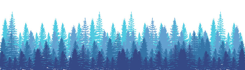 Pines Forest Panorama view. Spruce nature landscape. Forest background. Set of Pine, Spruce and Christmas Tree on White background. Silhouette forest background. Vector